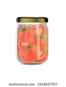 Glass jar with pickled tomatoes on white background. Vector realistic illustration