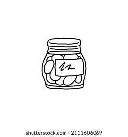 Glass jar with pickled vegetables or homemade jam, black contour doodle style vector illustration isolated on white background. Homemade healthy preserved food.