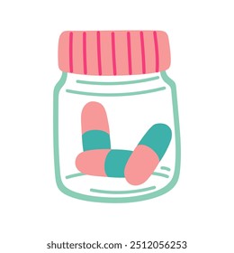 glass jar with pills, pills with a closed lid. Metered-dose medications. Tablets, capsules, glass vials. Medicines for colds, diseases, dietary supplements, vitamins. Illustration flat object isolated