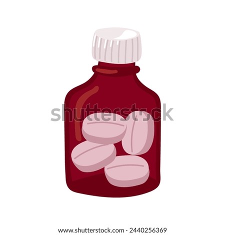 A glass jar with pills. The round pill bottle is closed. A standing brown medicine jar. White tablets in glass. The jar is covered with a lid. Isolated vector illustration. Flat illustration