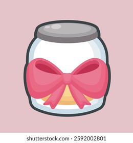 glass jar with pink bow in outline flat vector design