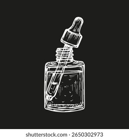 Glass jar with pipette, dropper bottle sketch illustration. Liquid essential oils, natural cosmetics concept. Hand drawn outline clipart in engraving style, vector line art drawing