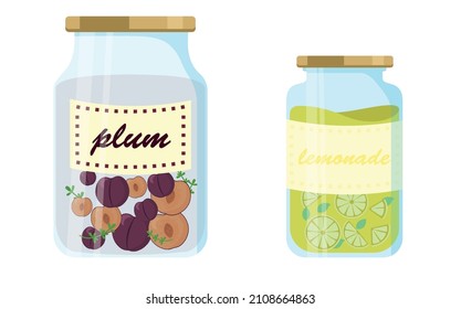 Glass jar with plums and lemonade, filled with berries and fruits. Vector illustration