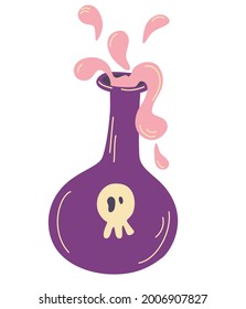 Glass jar with a poisonous liquid. Poison and Love potion. Magic symbol for inviting love, greeting cards and printing on a T-shirt. Witch Potion. Halloween Decor. Flat cartoon vector illustration