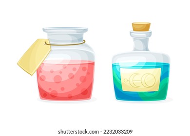 Glass Jar with Potion as Magical Object and Witchcraft Item Vector Set