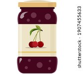 Glass jar of preserved cherry jam flat vector. Harvesting homemade product isolated on white background. Food and cooking