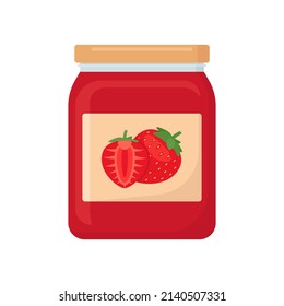 Glass jar of preserved strawberry jam, berry confiture in bottle. Harvesting delicious homemade sweet meal. Glass capacity with lid for berry dessert. Food and cooking. Vector illustration