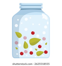 Glass jar preserving berries and leaves, submerged in water with visible bubbles, showcasing a homemade preservation method