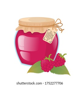 Glass jar with raspberry jam. Bright vector illustration of raspberry jam. 
