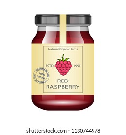 Glass jar with raspberry jam and configure. Vector illustration. Packaging collection. Vintage Label for jam. Bank realistic. Mock up glass jar with design label and logo.