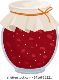 Frasco de vidrio de mermelada de frambuesa recubierto de tela y cuerda. Deliciosa reserva casera. Ilustración vectorial de diseño de esparcimiento de fruta dulce.