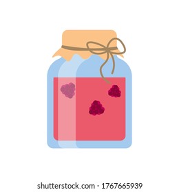 glass jar with raspberry jam on a white background.