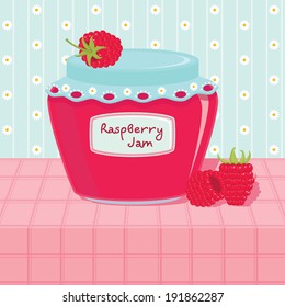 Glass jar with raspberry jam on the table. Daisy flowers on the background. Vector illustration.