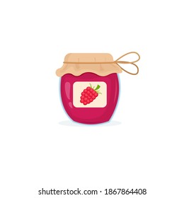 Glass jar with raspberry jam. Organic product. Tasty breakfast.