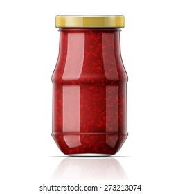 Glass jar with raspberry jam. Vector illustration. Packaging collection.