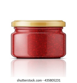 Glass jar with raspberry jam. Vector illustration. Packaging collection.