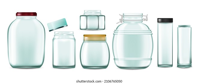 Glass jar. Realistic transparent container for food and drinks with cap. Vector empty jars set