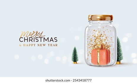 Glass jar with red gift box inside, sparkling confetti. Surrounded miniature fir trees, Merry Christmas and Happy New Year greeting text on light blue. Realistic 3d design. vector illustration