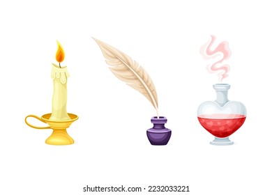 Glass Jar with Red Love Potion, Quill and Burning Candle as Magical Object and Witchcraft Item Vector Set