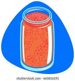 Glass jar with red smoothie and red straw. Isolated. On blue background.