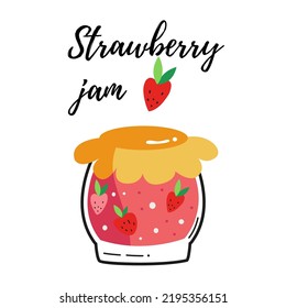 Glass Jar With Red Strawberry Jam Filled With Berries, vector illustration.