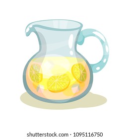 Glass jar of refreshing beverage with slices of lemons and ice cubes. Sweet lemonade. Flat vector design for menu or promo poster