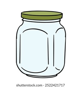 glass jar with ribs isolated on white background, hand drawn doodle illustration. Home empty container for jam, pickled vegetables. Vector colored bottle for menu, cookbook, recipe, poster design.