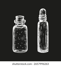Frasco de vidro, garrafa de rolo para cosméticos, óleos essenciais líquidos - esboço ilustrações conjunto. Clipart de contorno desenhado à mão. Desenhos de arte vetorial