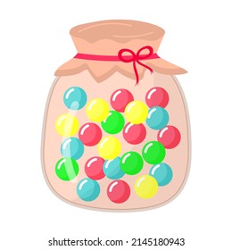 Glass jar with round sweet caramel lollipops. Vector illustration.