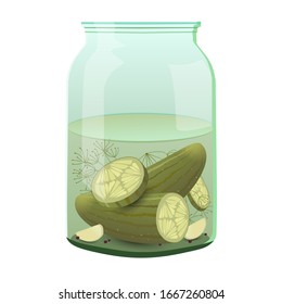 Frasco de vidrio con pepinos salados. Gráficos vectoriales de aperitivos de vodka. Pickle en salmuera.