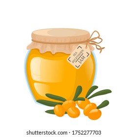 Glass jar with sea buckthorn jam. Bright vector illustration of sea buckthorn jam. 