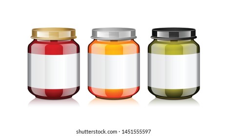 Glass Jar Set With White Label For Honey, Jam, Jelly Or Baby Food Puree Mock Up Template For Your Design