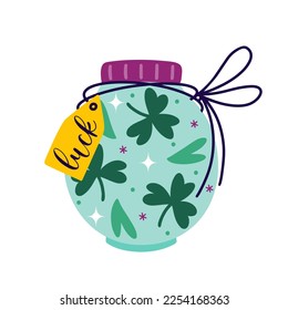 Glass jar with shamrock. Simple vector icon. Flask tied with a rope with a tag. Clover leaves inside the bottle. Symbol of good luck, fortune, St. Patrick's Day. Flat cartoon clipart isolated on white