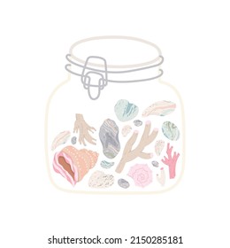 Glass jar with shells, pebble, corals - pastel flat hand drawn illustrations. Vector isolated on white background.