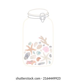 Frasco de vidrio con conchas, cantos rodados, corales, estrella del mar - ilustraciones pintadas a mano planas pastel. Vector aislado sobre fondo blanco.