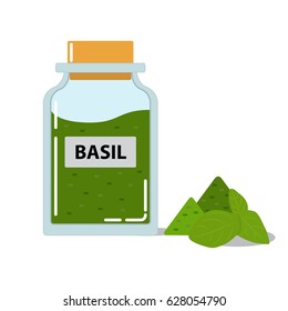 Glass jar with spice of basil in flat style.Spices, seasonings.Element of design of the culinary websites and kitchen shops and banners. Shops of a natural food.