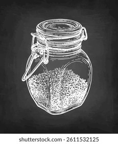 A glass jar of spice with clip-top lid. Sketch with chalk on blackboard background. Hand drawn vector illustration. Retro style.