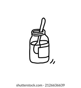 Glass jar with spoon hand drawn doodle style vector illustration isolated on white background. Jar simple black line icon for recipe books and cooking topic.