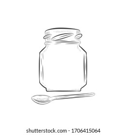 Glass jar and spoon vector sketch. Outline jar and spoon hand drawn illustration isolated on white background.
