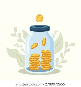 Glass jar with stack of gold coins. Investment, saving concept. Leaves decoration vector.