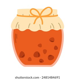 Glass jar of strawberry jam isolated on white background. Vector cartoon flat illustration