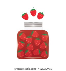 glass jar of strawberry jam isolated on white background