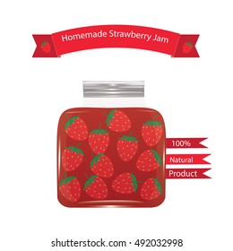 glass jar of strawberry jam labeled and label isolated on white background farm shop