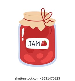 Glass jar with strawberry jam. Red fruit preserve with label and lid. Minimalist cartoon style, perfect for food packaging, recipe blogs, or kitchen decor. Flat vector illustration