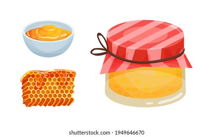 Glass Jar with Sugary Honey Fluid and Honeycomb Vector Set