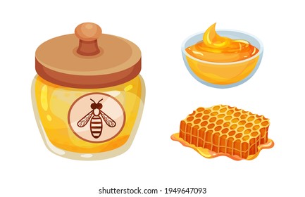 Glass Jar with Sugary Honey Fluid and Honeycomb Vector Set
