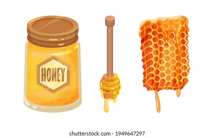 Glass Jar with Sugary Honey Fluid and Honeycomb Vector Set