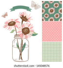 Glass Jar, sunflowers, ribbon, butterflies and cute rustic seamless backgrounds. Ideal for wedding invitations and Save the Date invitations