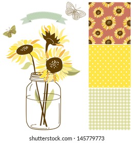 Glass Jar, sunflowers, ribbon, butterflies and cute rustic seamless backgrounds. Ideal for wedding invitations and Save the Date invitations 