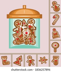 Glass jar with sweet gingerbread. New Year Christmas design element. 2021. Festive, shaped cookies. Color image sweet gingerbread cookies in a jar with a lid on a white background. Vector illustration